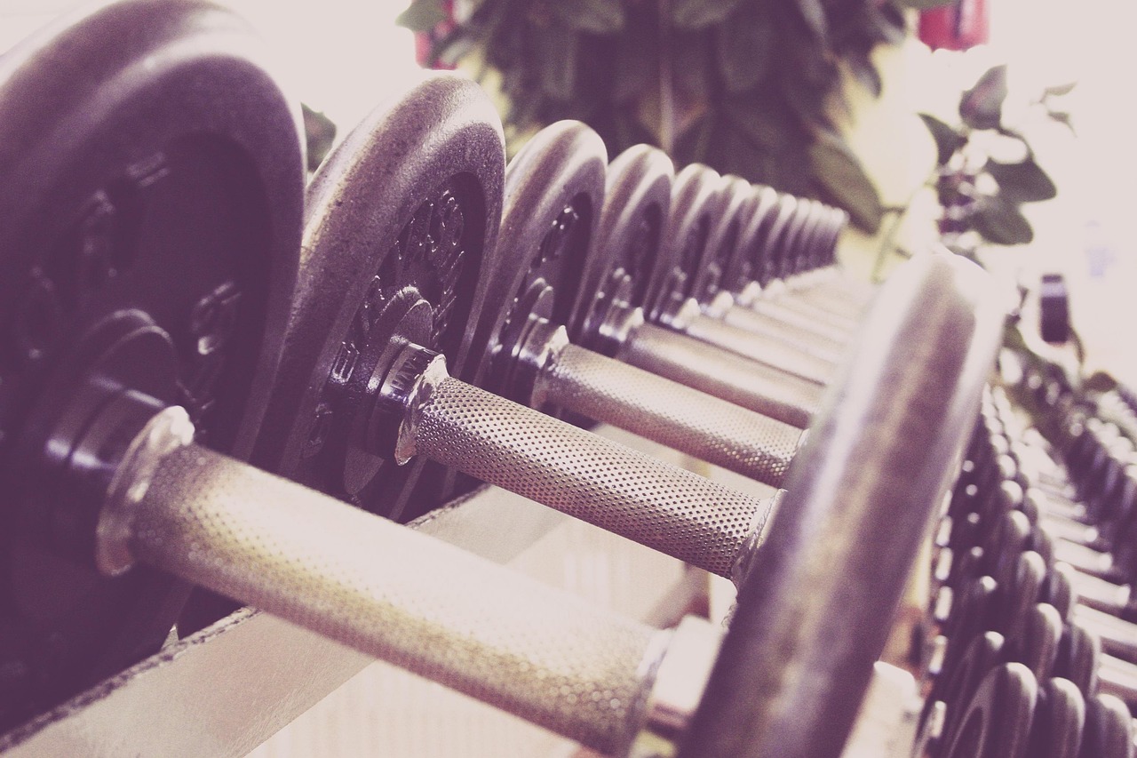 Rows of dumbbells and weight plates lined up in a gym, representing the loads and reps that actually track training progress