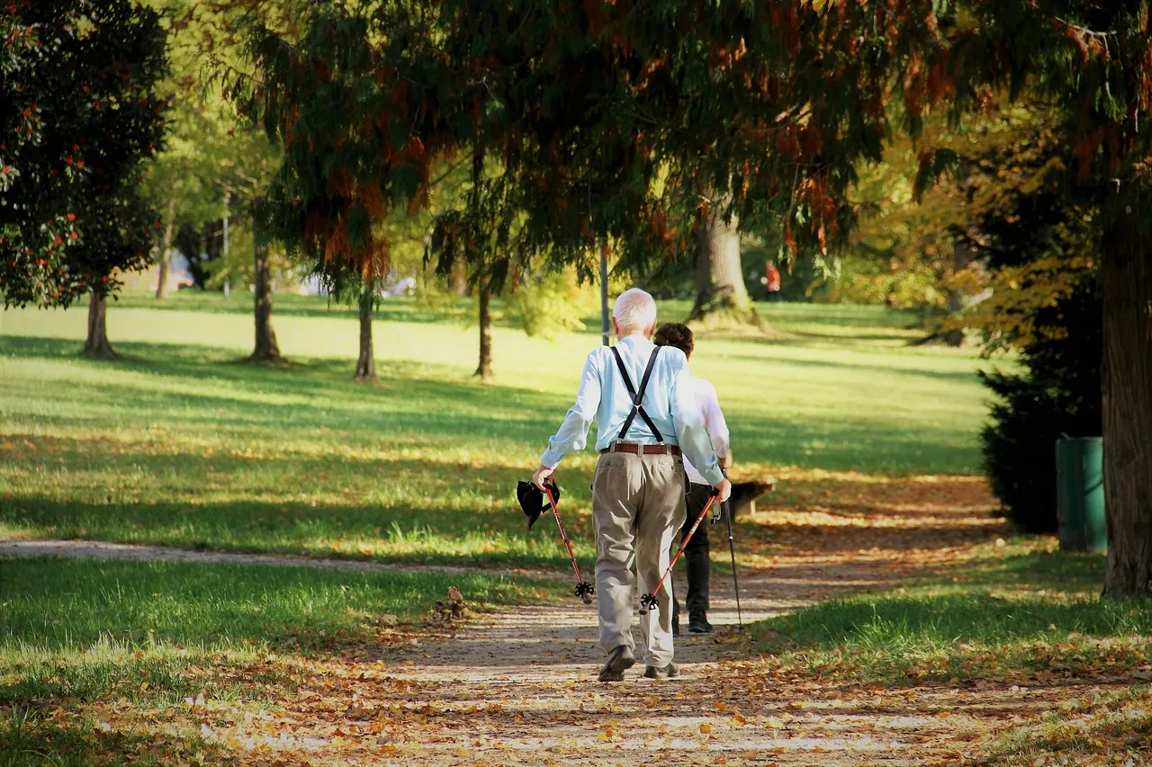 Older adults walking briskly with trekking poles through a park in autumn, a form of nordic walking used in frailty-prevention exercise programs