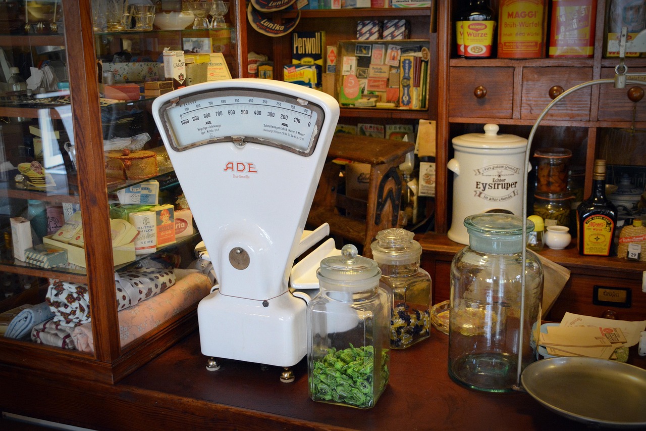 Old scale, shop counter, sales shelf — illustrating How to Calculate Your TDEE: The Mifflin-St Jeor Method
